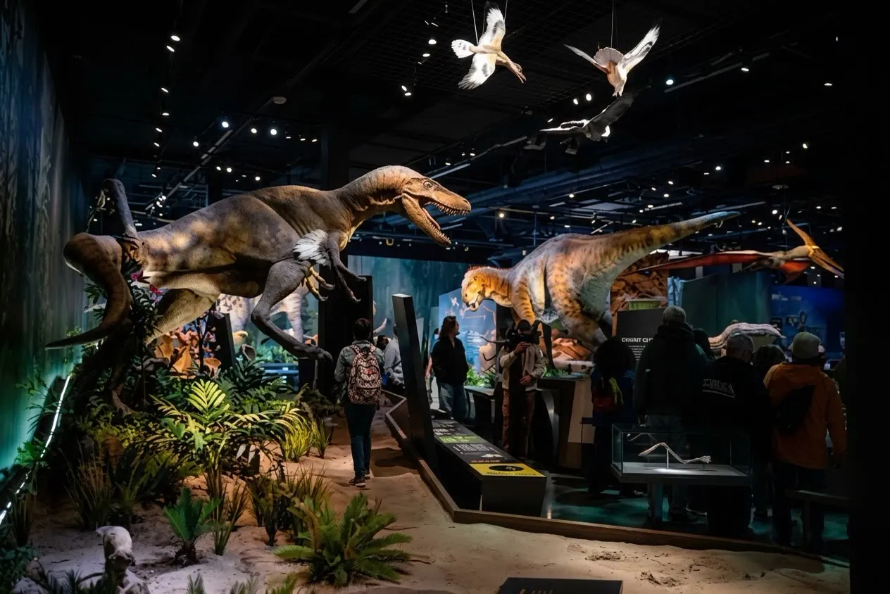 Feathered dinosaurs and pterosaurs above visitors in the Cretaceous hall