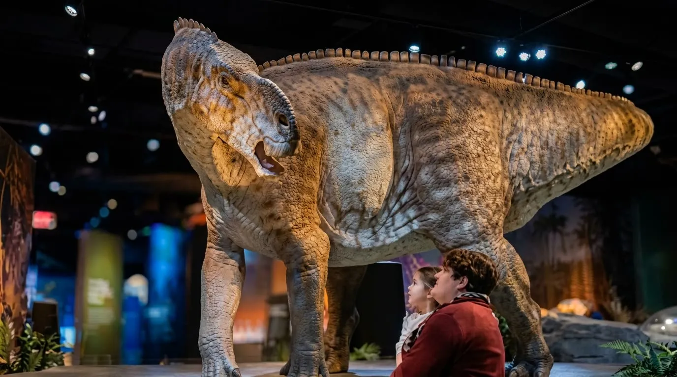A full-size hadrosaur facing two visitors in the darkened gallery