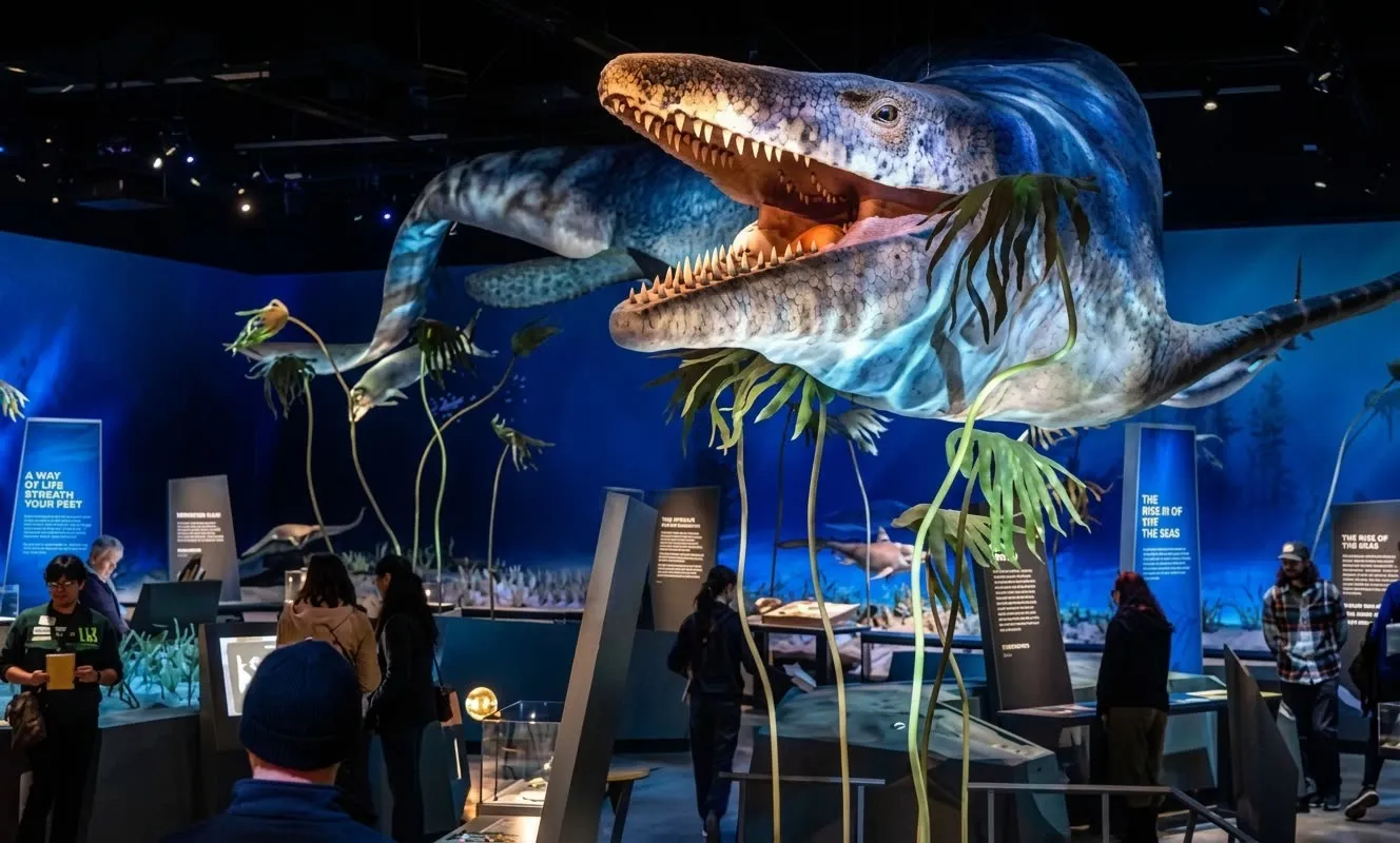 A mosasaur suspended over the marine gallery, visitors walking beneath